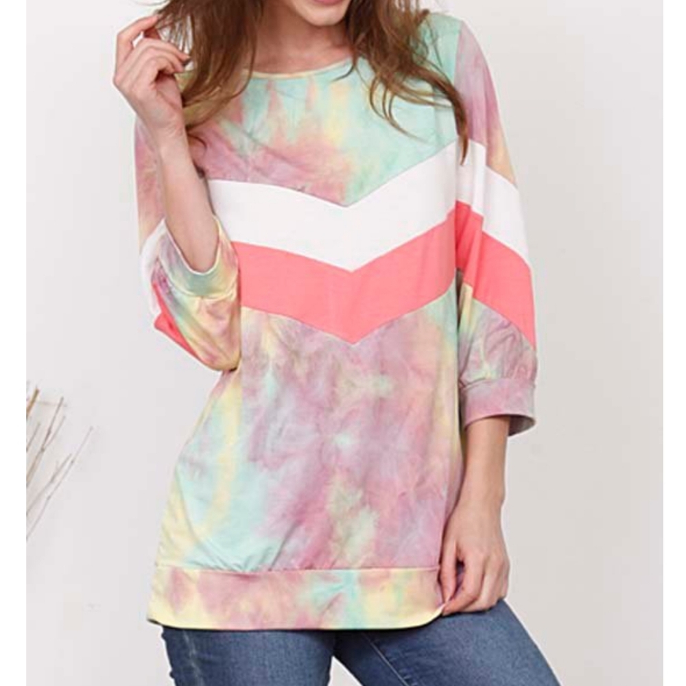 Pink & Mint Tie-Dye Chevron 3/4 Sleeve Top